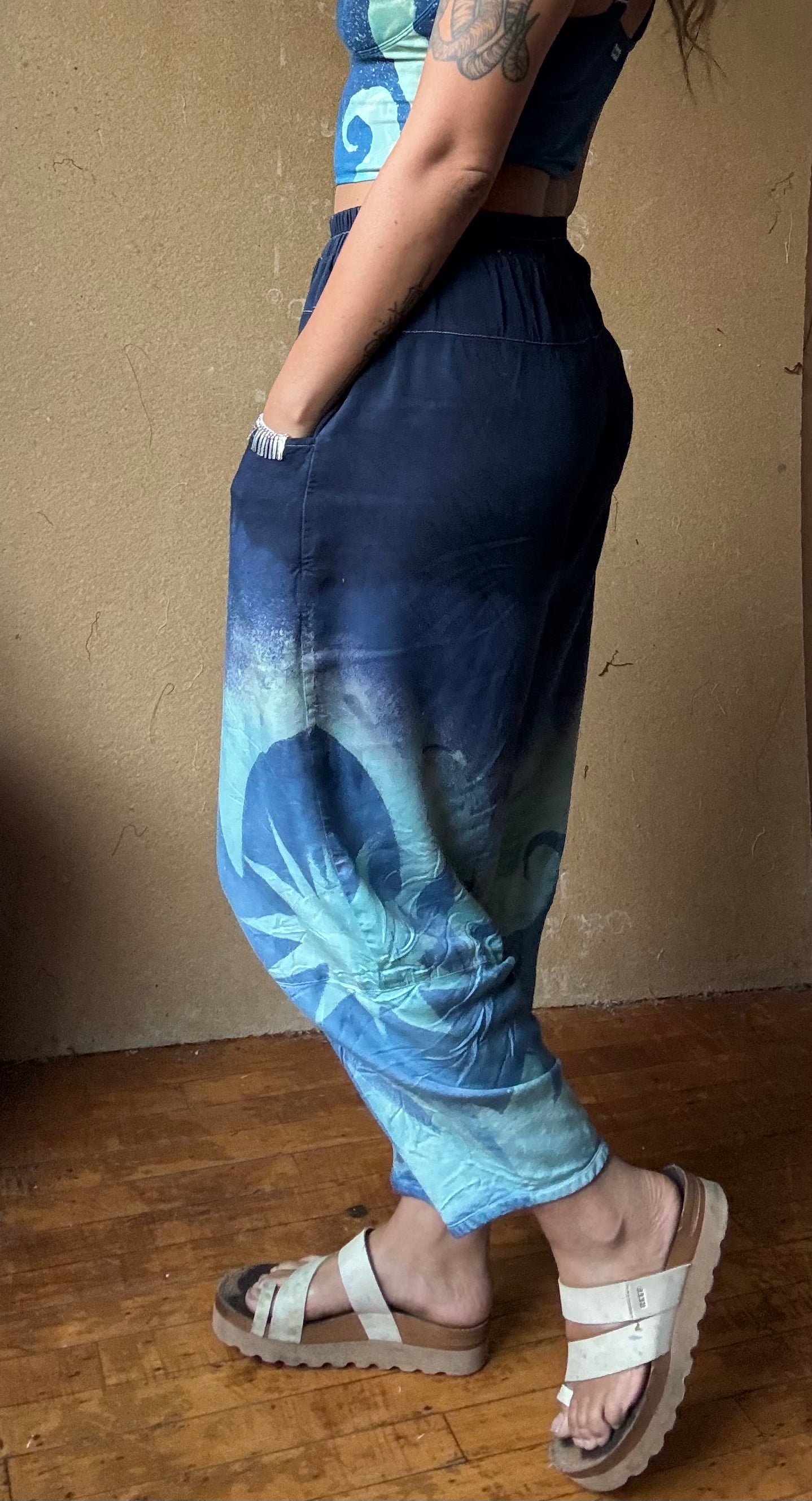 Small - Midnight Swirl Parachute Pants - Soft Milky Lotus Plant waste "Silk" - Short length  (recommended for 5.5ft and shorter) Vegan Silk - Milky Soft
