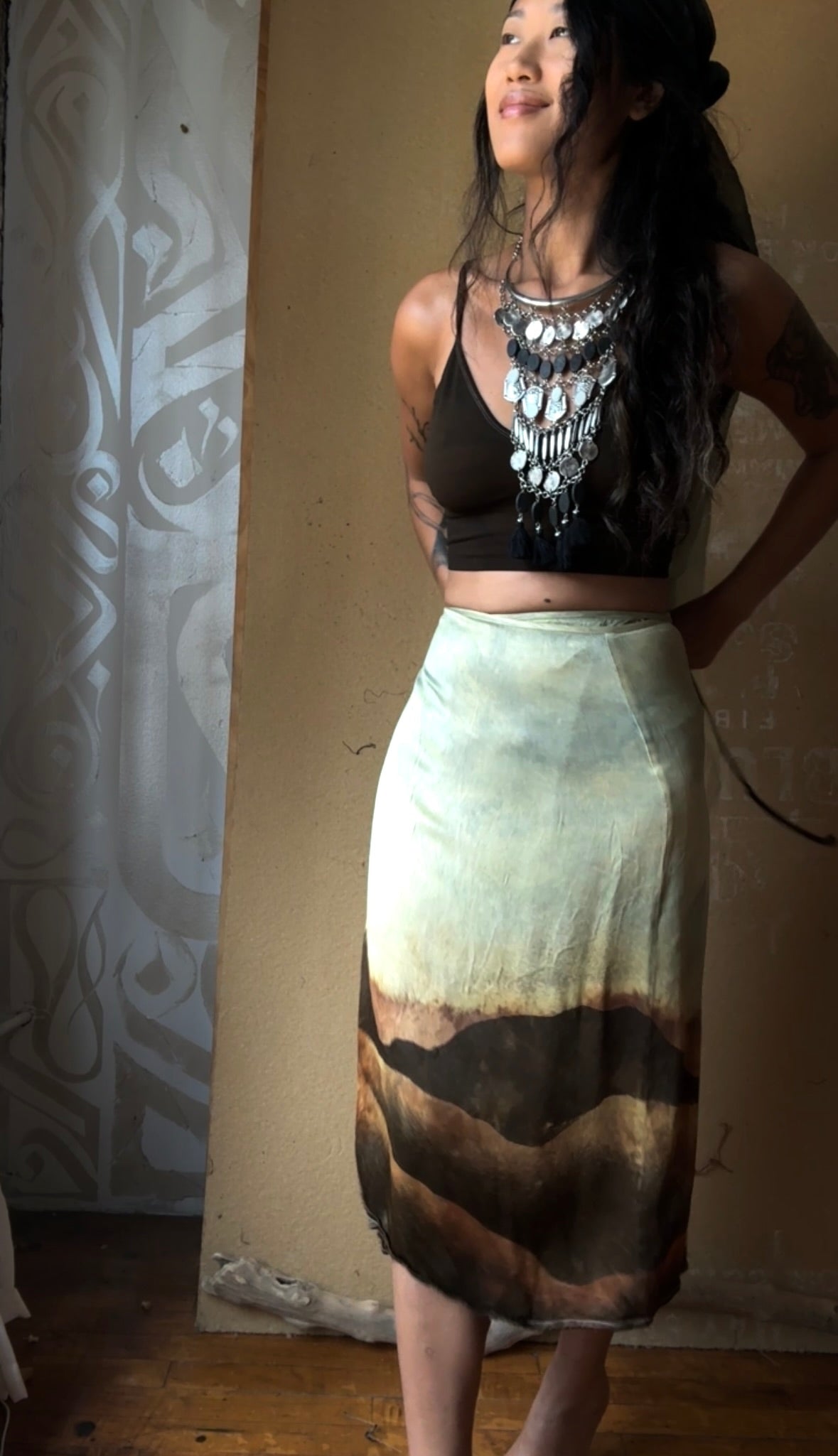 S/M - Mountain Hike Landscape Tapestry Wrap Skirt - Light Blue with evver slight green haze over sky - Orange Peel silk Wrap Skirt