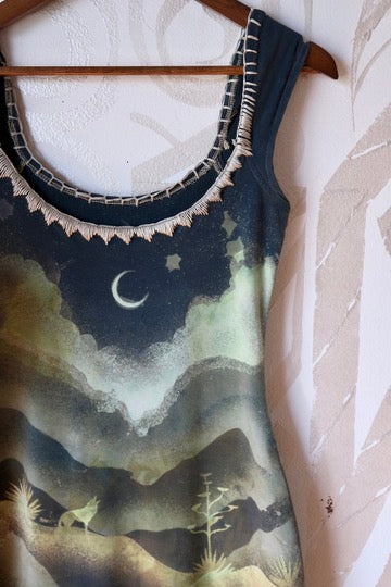 SMALL -Mountain Howl Basket Dress - OOAK - Hand Embroidered - Maxi Dress - 96% Organic Cotton 4% Spandex