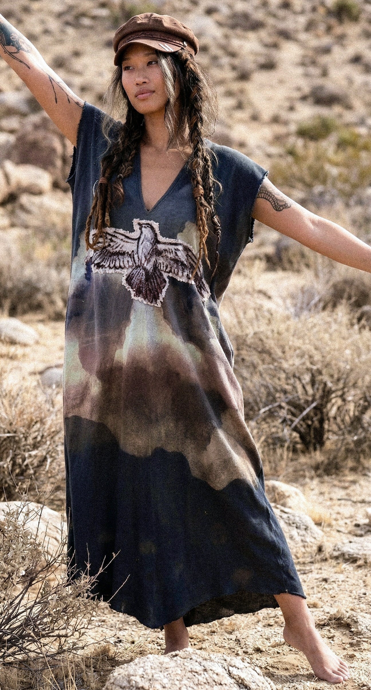Take Flight Over the Horizon Henka Dress-OOAK-Limited Series- Hand painted -hand dyed-100% deadstock open weave fluid cotton-Regular Size Henka Dress(fits small-Large) Transformable- Tie back