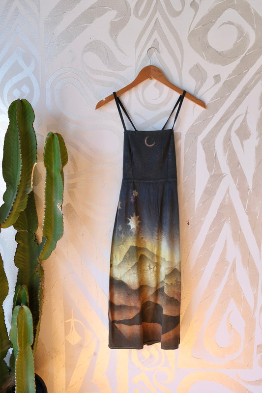XS/S - In the Mountains- Dress - Tie Back & Zipper - 50% Linen 48% Rayon 2% Spndx - Adjustable Straps-Upcycled Regenerazhinh -OOAK - Recommended for Heights 5.6ft and under