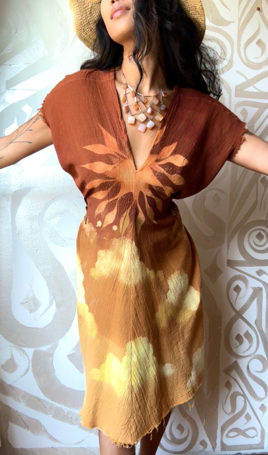 Petite(Fits XS/S/M) - RISE N SHINE Sun Dress- Mini Henka Dress- deadstock fabric - 100% open weave cotton - tie back transformable cinch waist