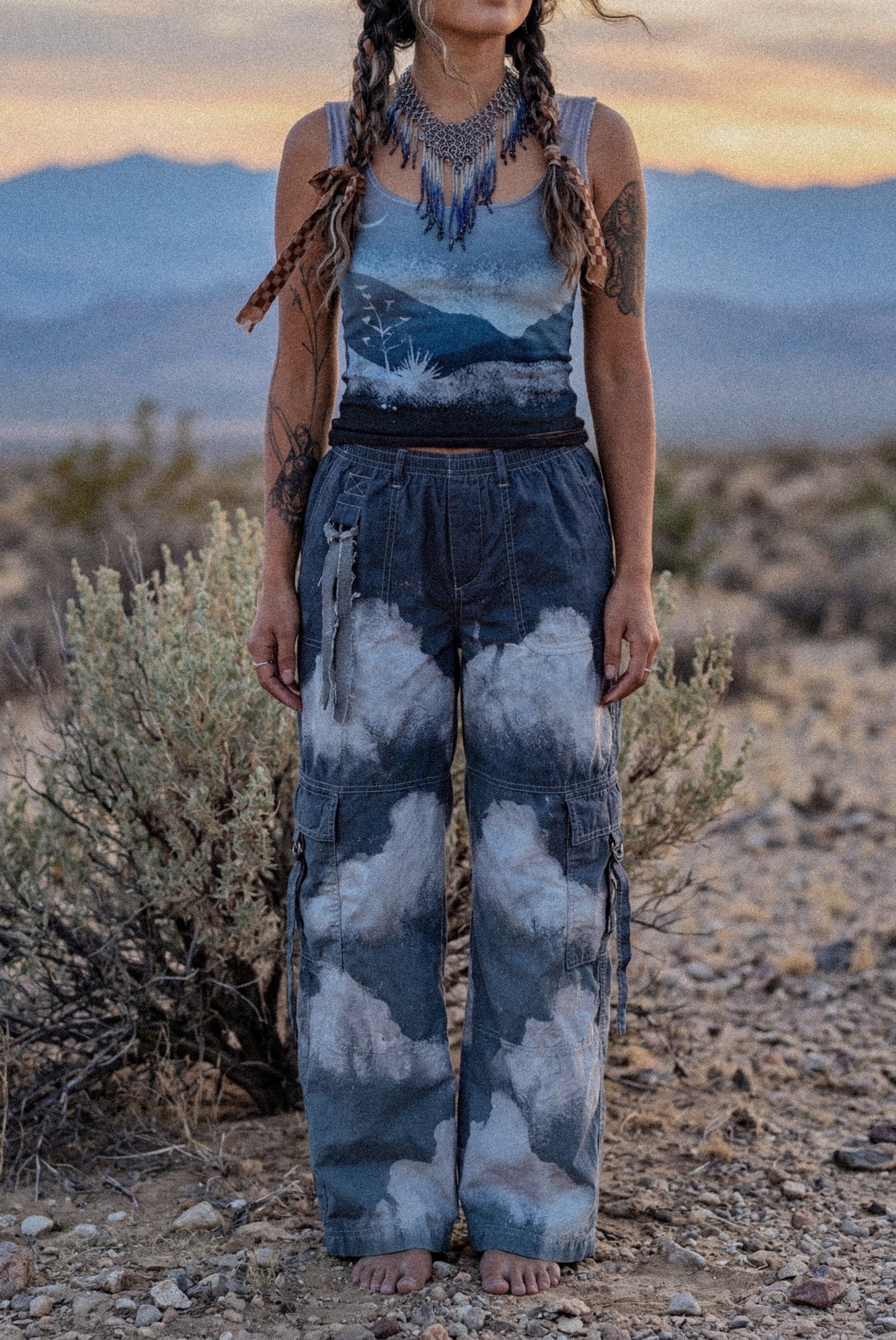 Large- Blue Skies Cloud Cargo Pants - 100% Cotton - Upcycled - Regenera-zhinh - Stretch Waist