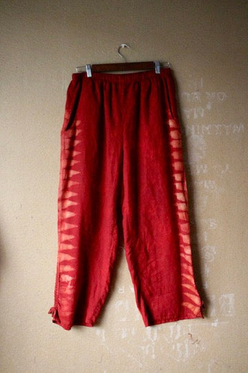 M/L - Red Mountains Pants -FLAX brand -100%  Linen - Upcycled - Drawstring cinch hem adjusters