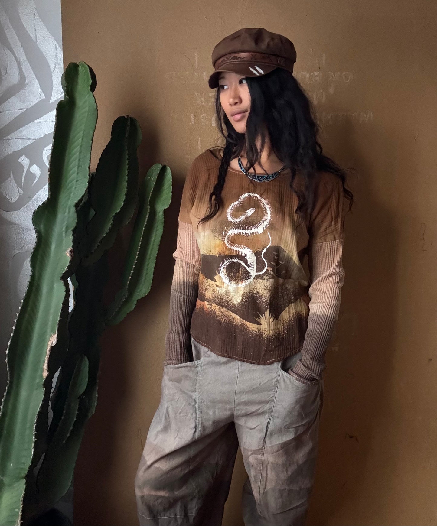 Small - Earthen Serpent Shed Long sleeve Top - 100% oRganic cotton - Cotton Thermal stretch sleeves