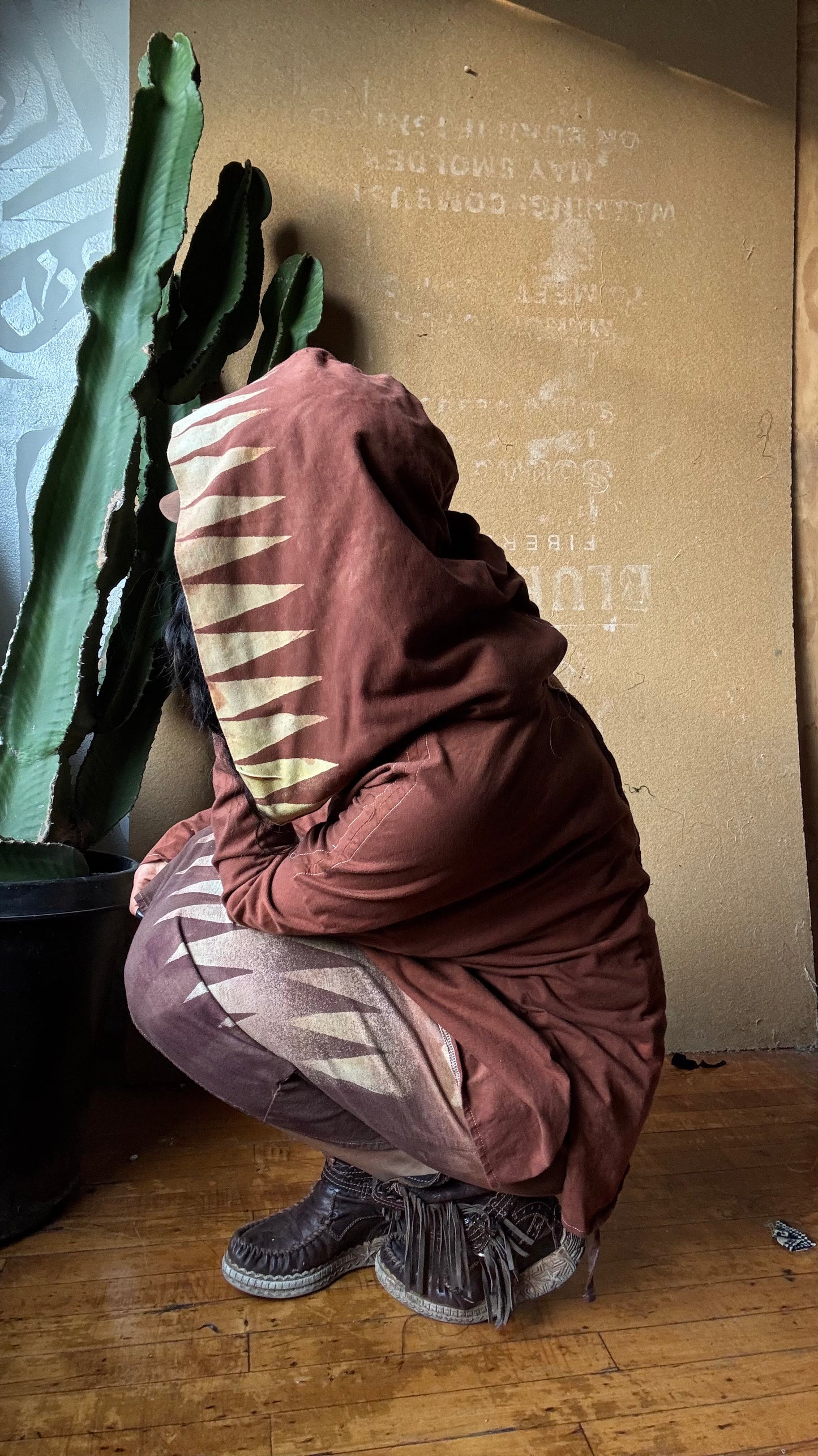 Medium -Terracotta Clay plain solid with Mountain print hood - Slouchy Long sleeve Hoodie  - Oversized Hoodie - 100% Triple layered Cotton heavy weight cotton Gauze - Cotton thermal stretch sleeves