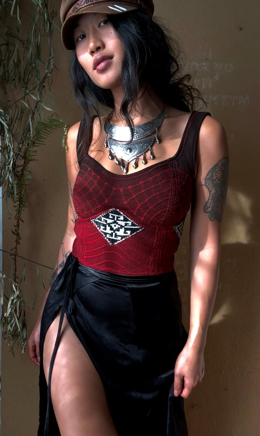 RTS -Fits XS and Small- Continuum Integration-Charcoal Embers Corset Top -Ready to Ship- Hand dyed-70's Vintage Vietnamese Hmong hilltribe woven textile patches