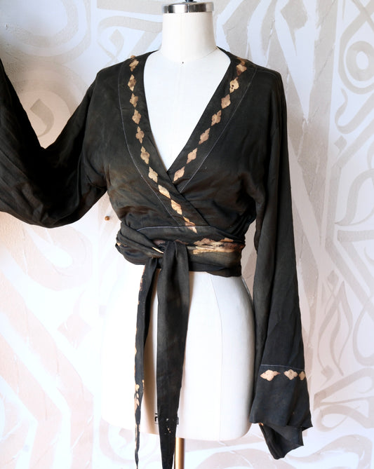 New! MTO- Solid SMUDGE- Solid version charcoal black Wrap Top- Milky soft  Mid weight Lotus plant waste vegan Silk- Limited Series- Bell Sleeve Wrap
