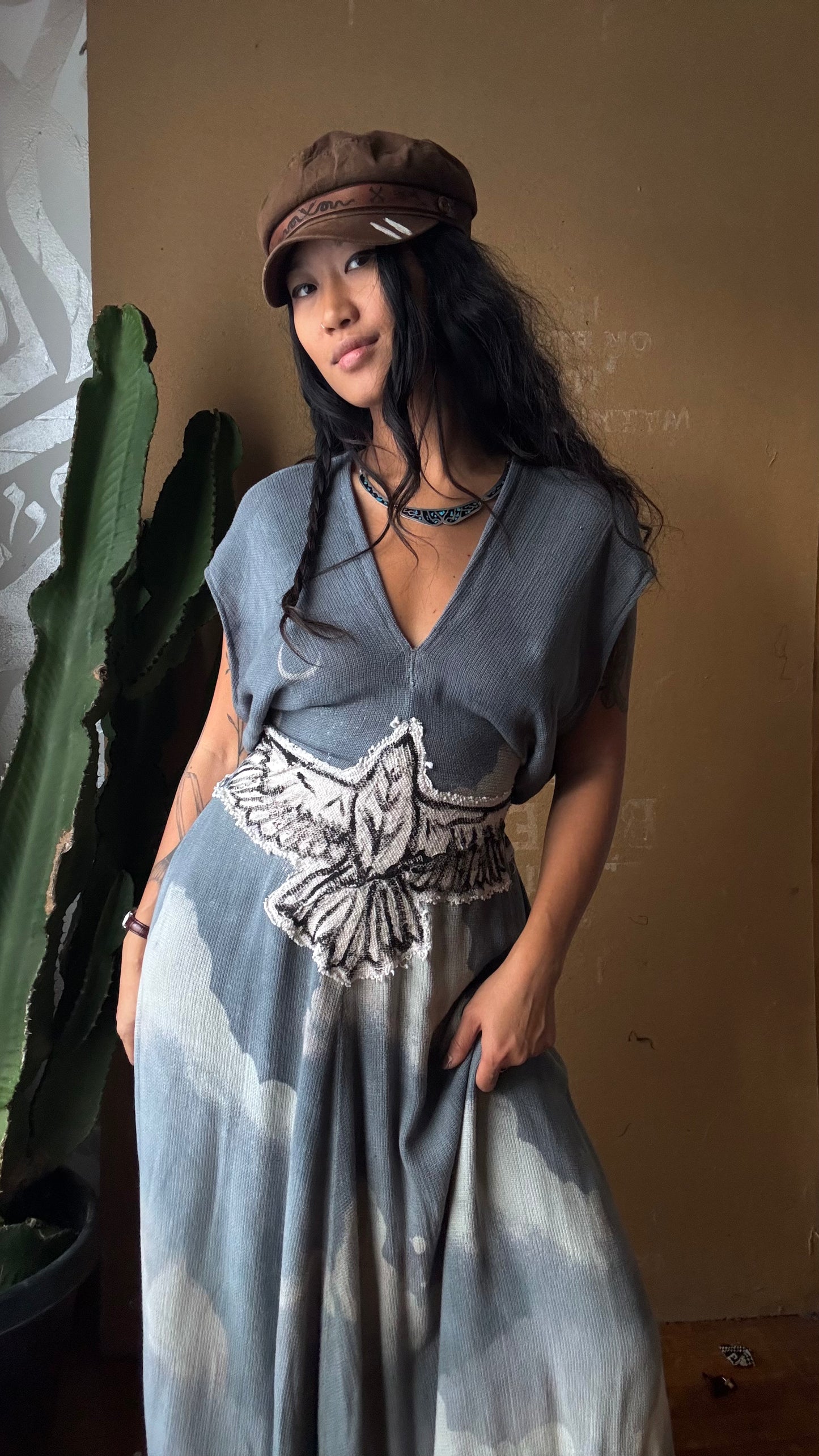 Regular (Fits S/M/L) Tall Maxi Dress (can Hem If requested) Silver Cloudy Sky Henka Dress - Hawk Spirit signs -Tie Back Hand painted Hawk patch -