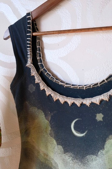 SMALL -Mountain Howl Basket Dress - OOAK - Hand Embroidered - Maxi Dress - 96% Organic Cotton 4% Spandex