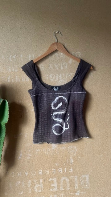 XS/S) Serpent Skeleton Basket Top - Brown - 100%cotton novely griddeed textured- Deadstock - no stretch so runs small