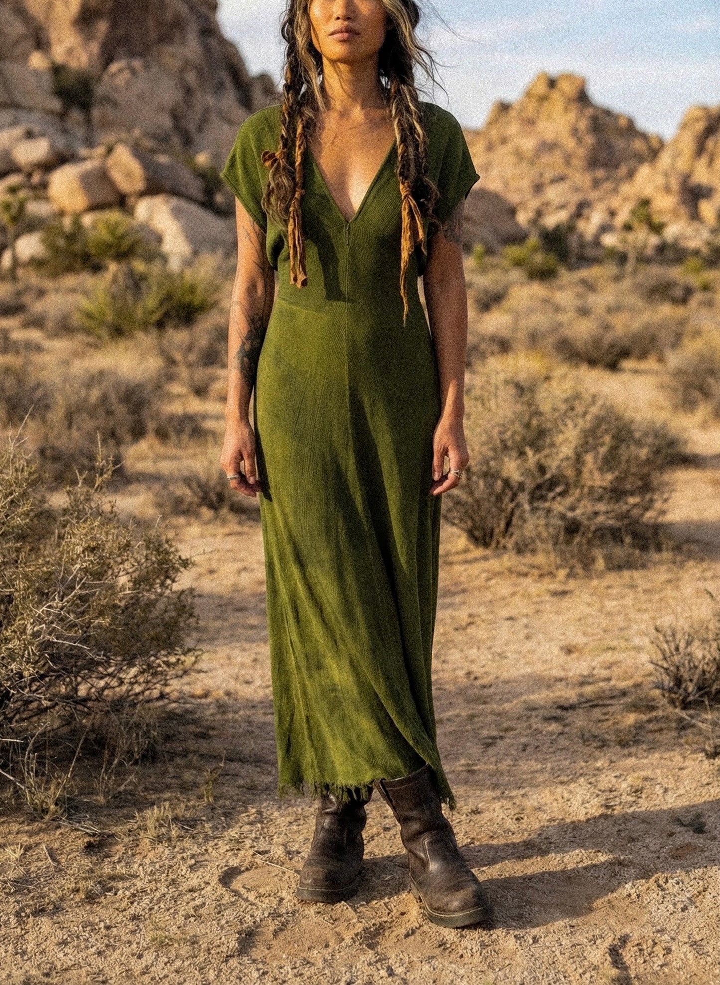 1 MTO Slot- The Moss Henka Dress- Maxi or Midi option -Made to Order (4weeks) Limited Series- Olive Green Henka Dress - 100% Novelty Cotton - Deadstock Fluid and very soft&textured - limited series- hand dyed in studio