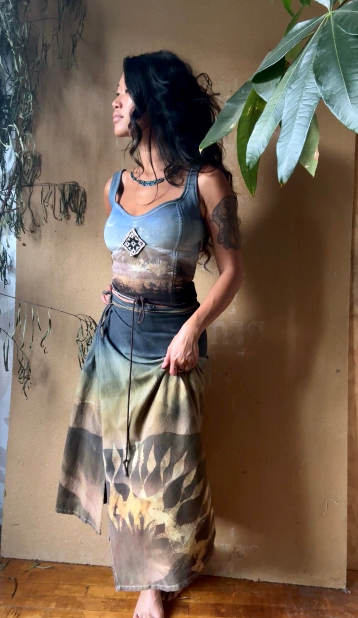 New! XS/S Evening Walk Corset - Integration (center patch 70's handwoven Vietnamese Patch Hmong hill tribe  -Corset Top - Thick Sturdy Heavy weight French terry 100% cotton - REGENERAZHINH - Deadstock fabric