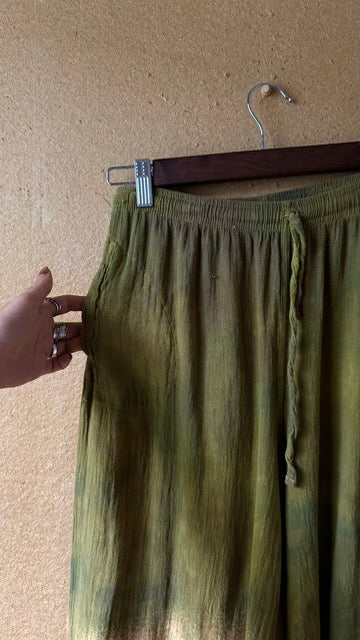 9 Pants - Small (Short) GREEN Mountianous - 100%  Cotton Gauze- Airy- Stretch Waist -  Side bottom pants slits-Regenerazhinh Upcycled Pants (Copy)