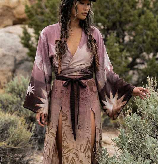 XS/S - Rose Dust Temple Swirl Kimono Wrap top - Bell sleeves - Regal Casual - Lotus Agricultural wast fabric - soft