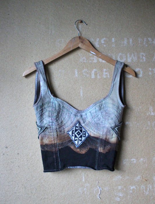 XS/S - Continuum/Integration Corset Top - Vintage 70's Handwoven Vietnamese patches - Adjustable back