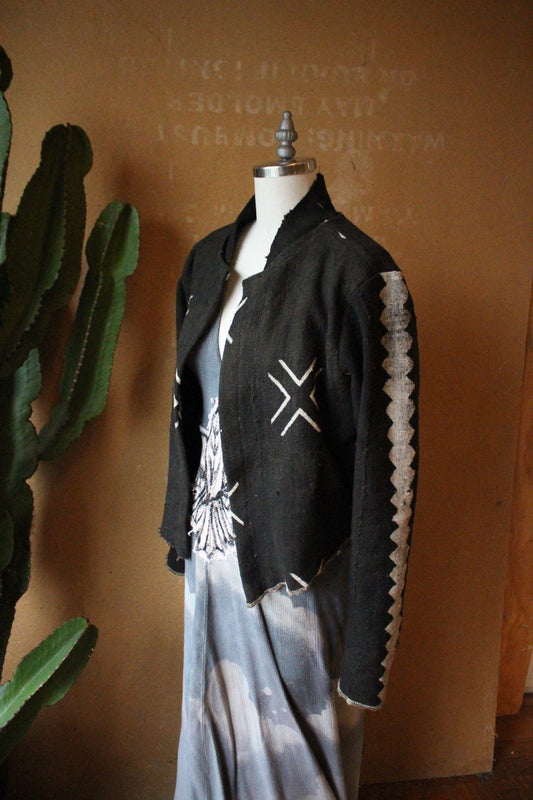 Small - Black - Mud CLoth Jacket -Plant Dyed Black - African Mudcloth-  OOAK - Inside Chest Pocket