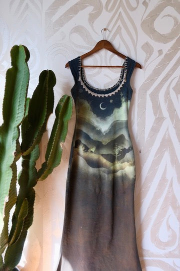 SMALL -Mountain Howl Basket Dress - OOAK - Hand Embroidered - Maxi Dress - 96% Organic Cotton 4% Spandex