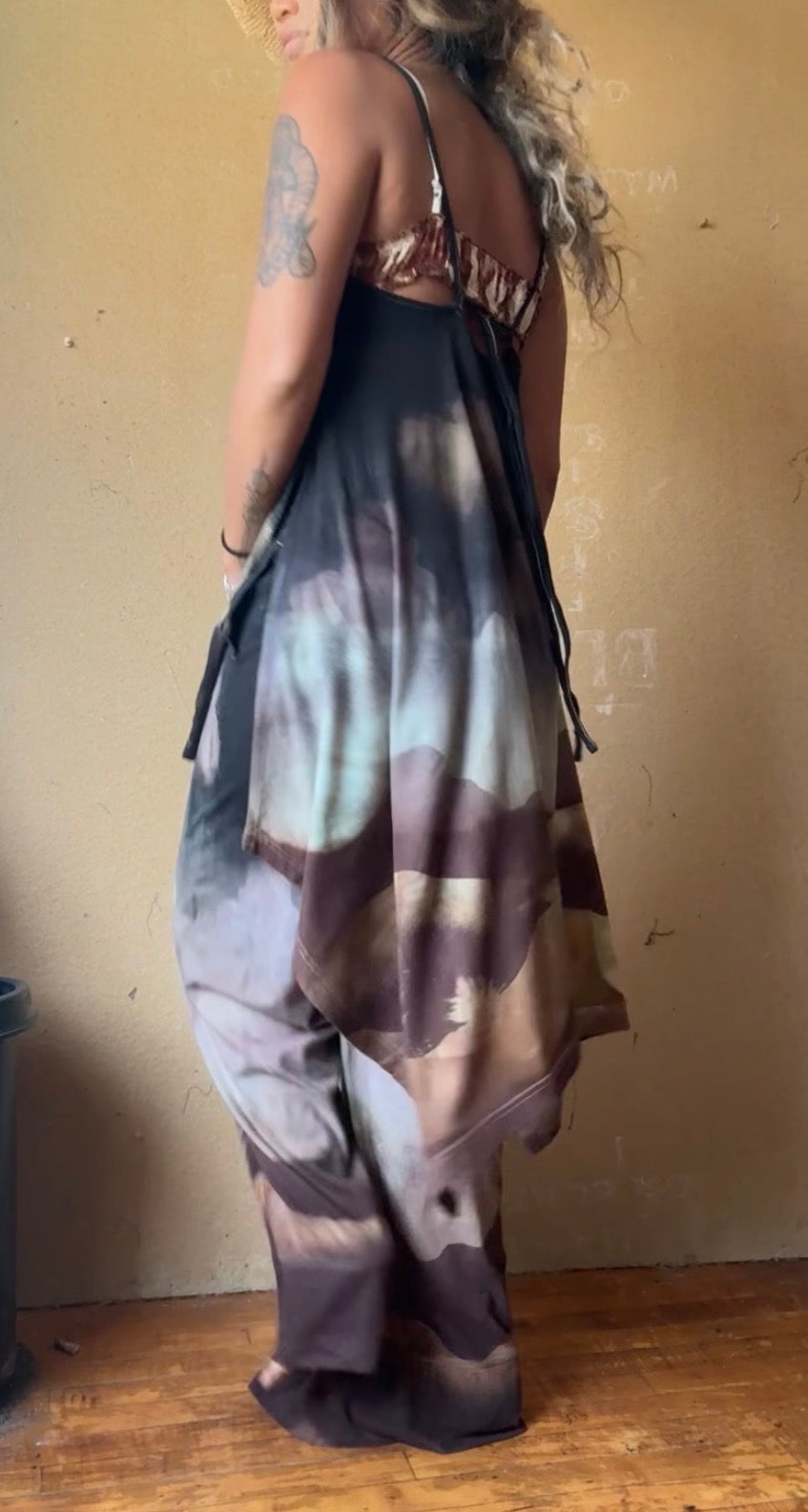 Full of Wonder SET (Fits - small and medium) Top and wide legged Pants - Adjustable Top straps - long tail fountain back - OOAK- One of one design- 100% Organic Cotton(has stretch to it and generous stretch waist pants ) soft