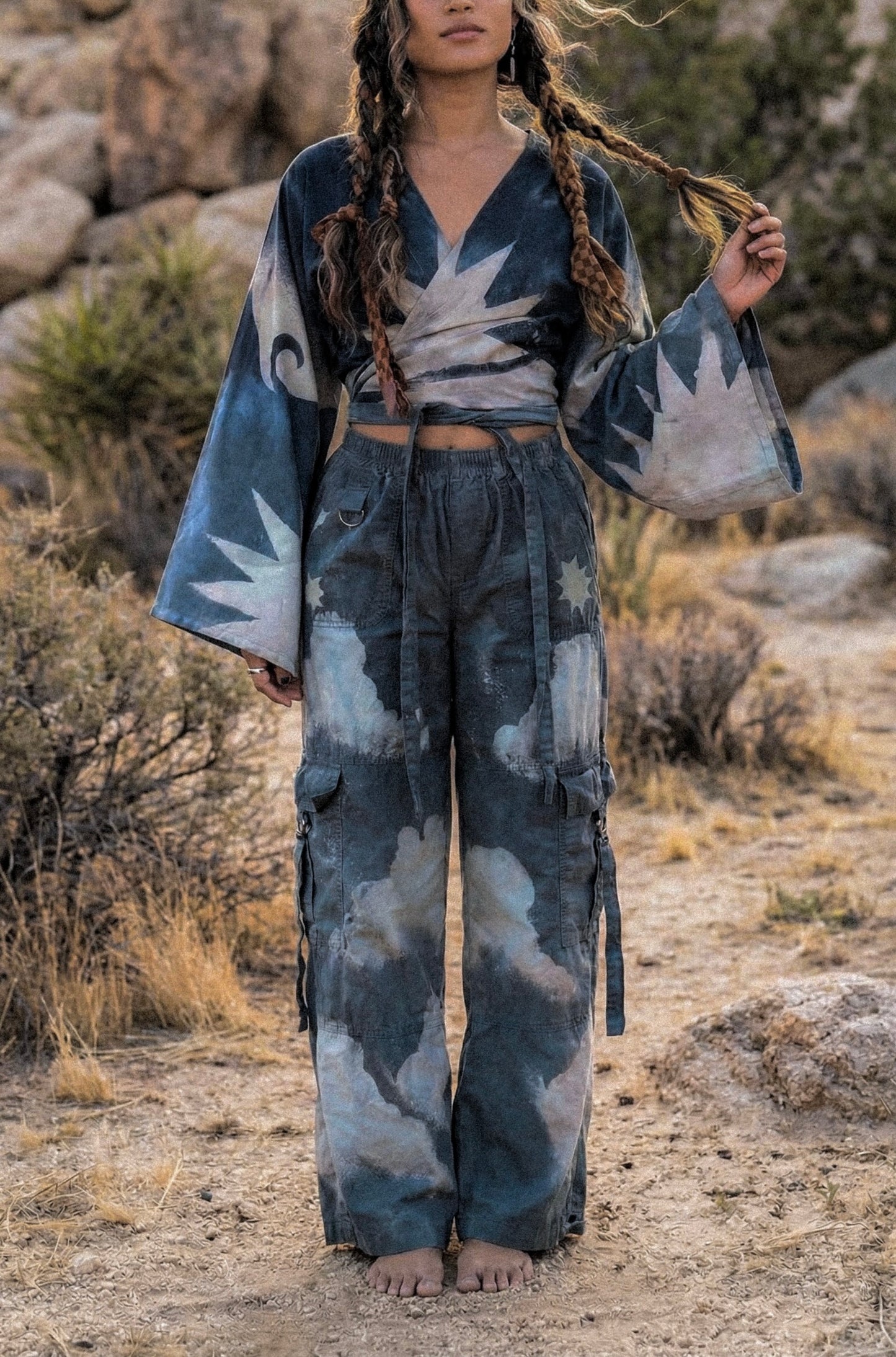 2 RTS- S/M Blue Celestial Burst Temple Swirl -  Kimono Wrap Top-- Made From Lotus Agricultural waste "Silk" (Copy)