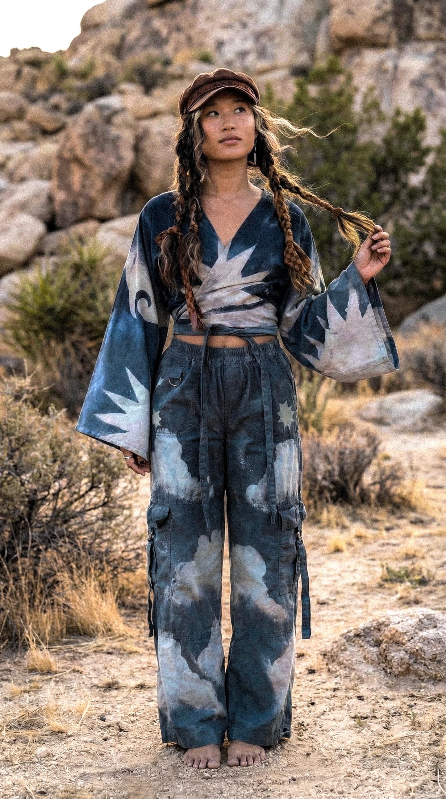 Small - Size 4- Blue Skies Cargo Pants - 100% Cotton - Upcycled - Regenera-zhinh - Stretch Waist