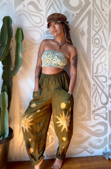 S/M - Olive Green Star Burst - Parachute Pants - Made from Lotus Agricultural Waste Vegan Silk-