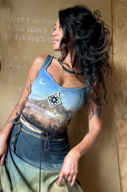 New! XS/S Evening Walk Corset - Integration (center patch 70's handwoven Vietnamese Patch Hmong hill tribe  -Corset Top - Thick Sturdy Heavy weight French terry 100% cotton - REGENERAZHINH - Deadstock fabric