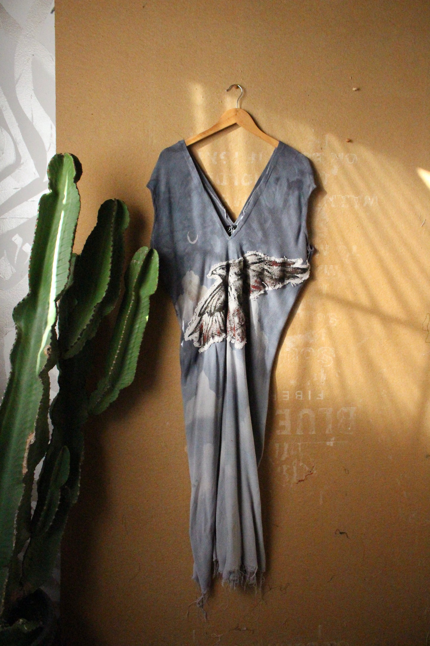 Fits S/M/L) Tall - Silver Cloudy Sky Henka Dress - Hawk Spirit signs -( I can hem Short if Needed) Tie Back Hand painted Hawk patch - (Copy)