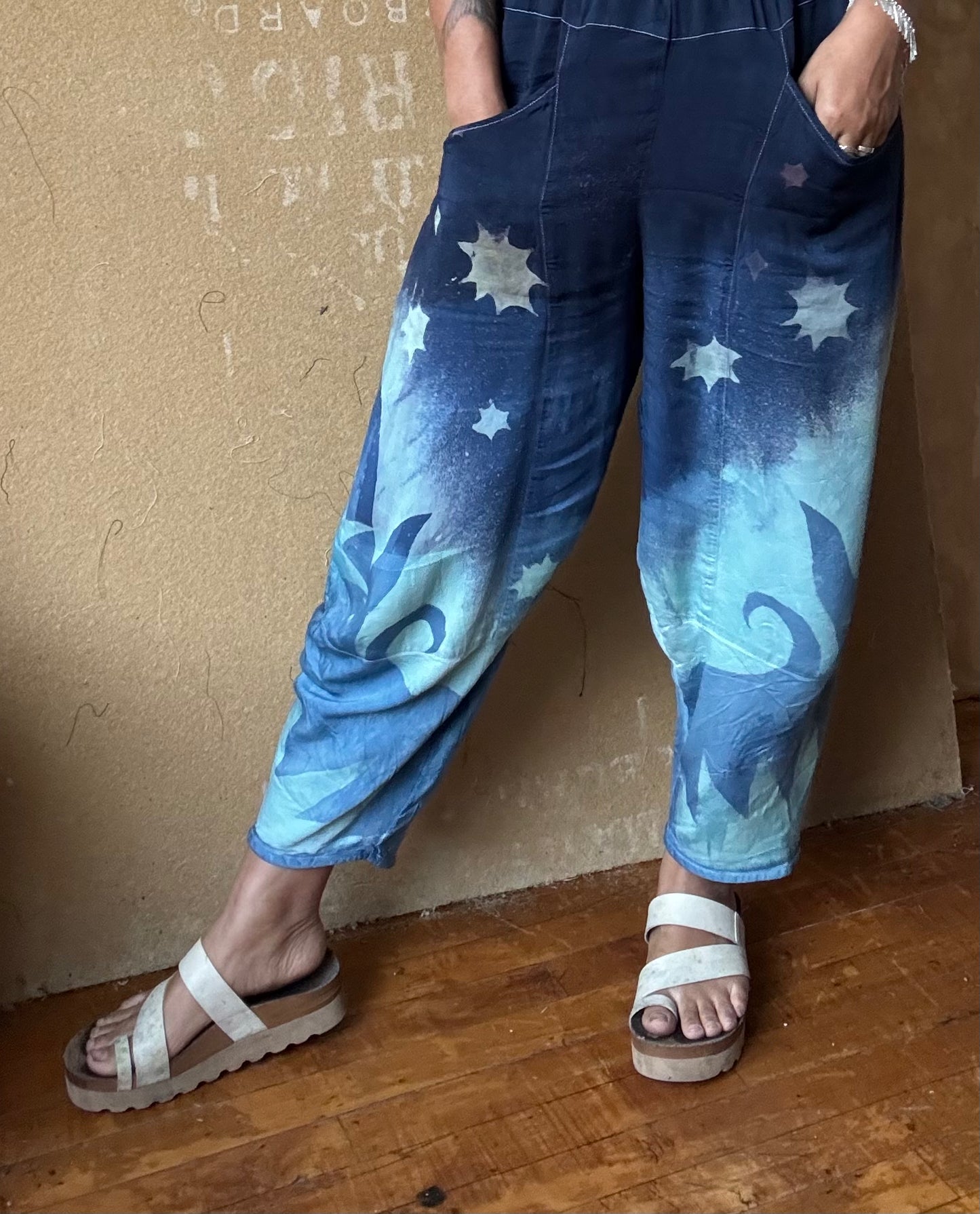 Small - Midnight Swirl Parachute Pants - Soft Milky Lotus Plant waste "Silk" - Short length  (recommended for 5.5ft and shorter) Vegan Silk - Milky Soft