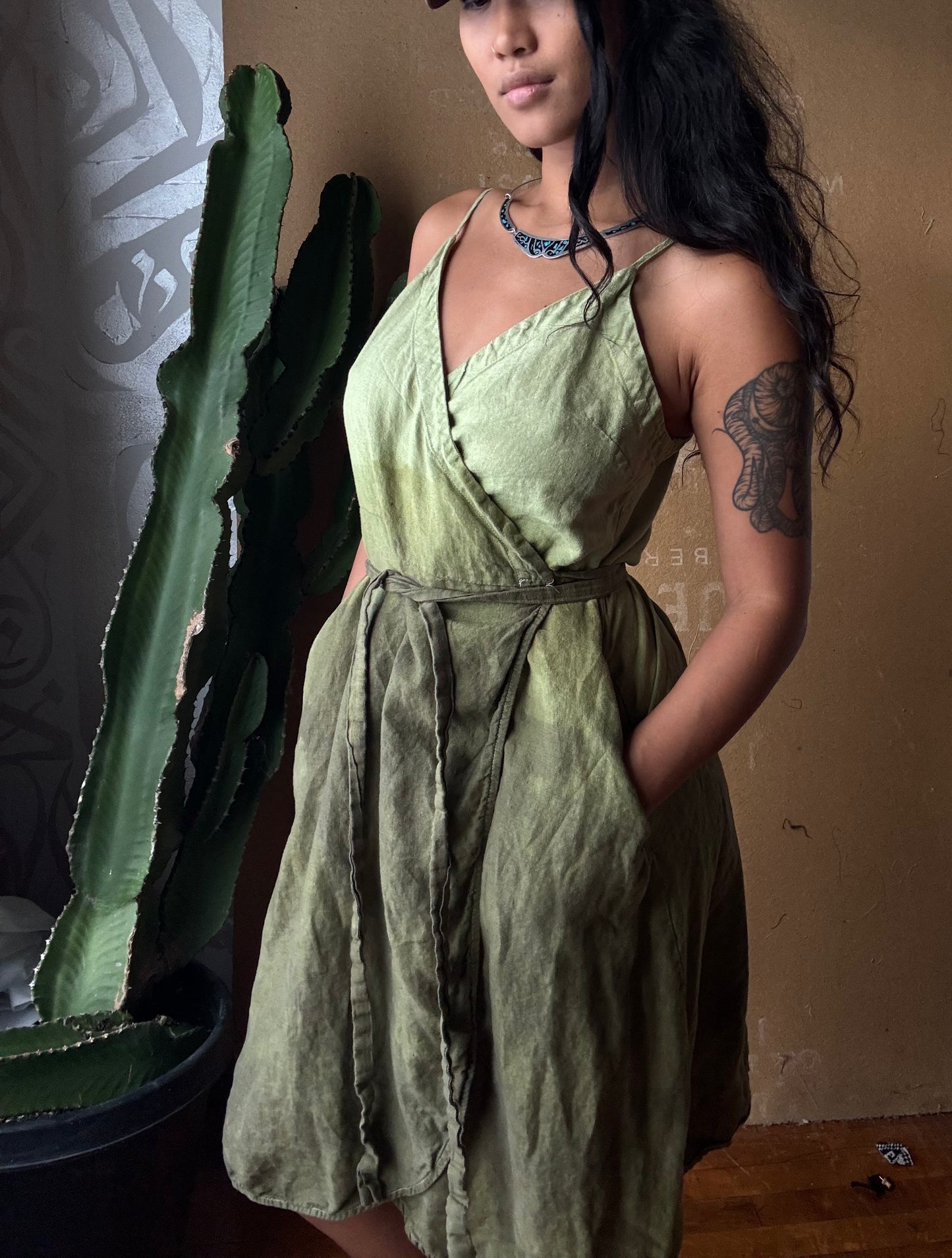 Medium - Green Ombre Soothe - Wrap Dress 100% Linen - Upcycled - Regenerazhinh