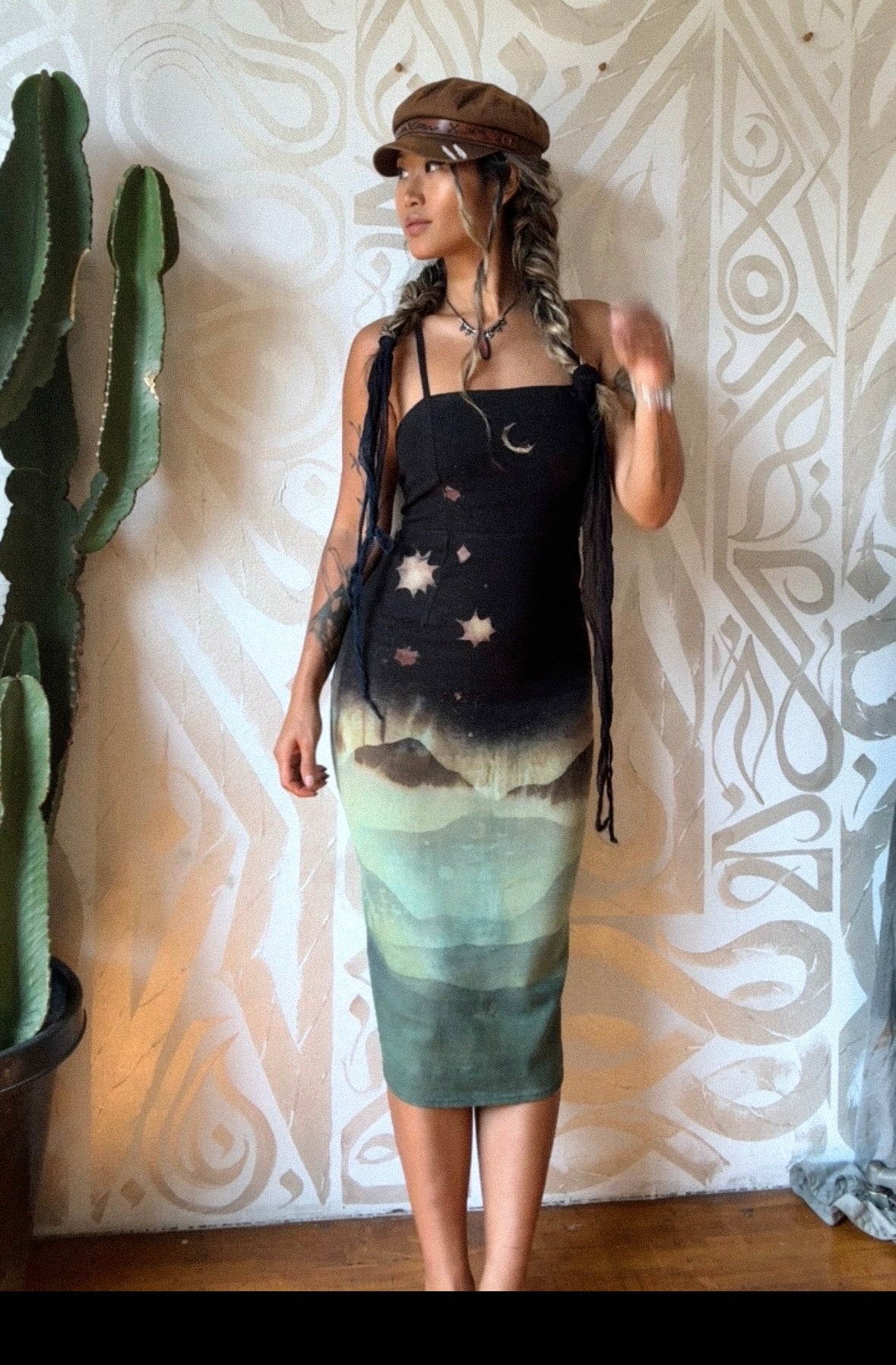 Small - Midnight Glowing Misty Mountains- Dress - Tie Back & Zipper - 50% Linen  48% Rayon  2% Spndx - Adjustable Straps-Upcycled Regenerazhinh -OOAK