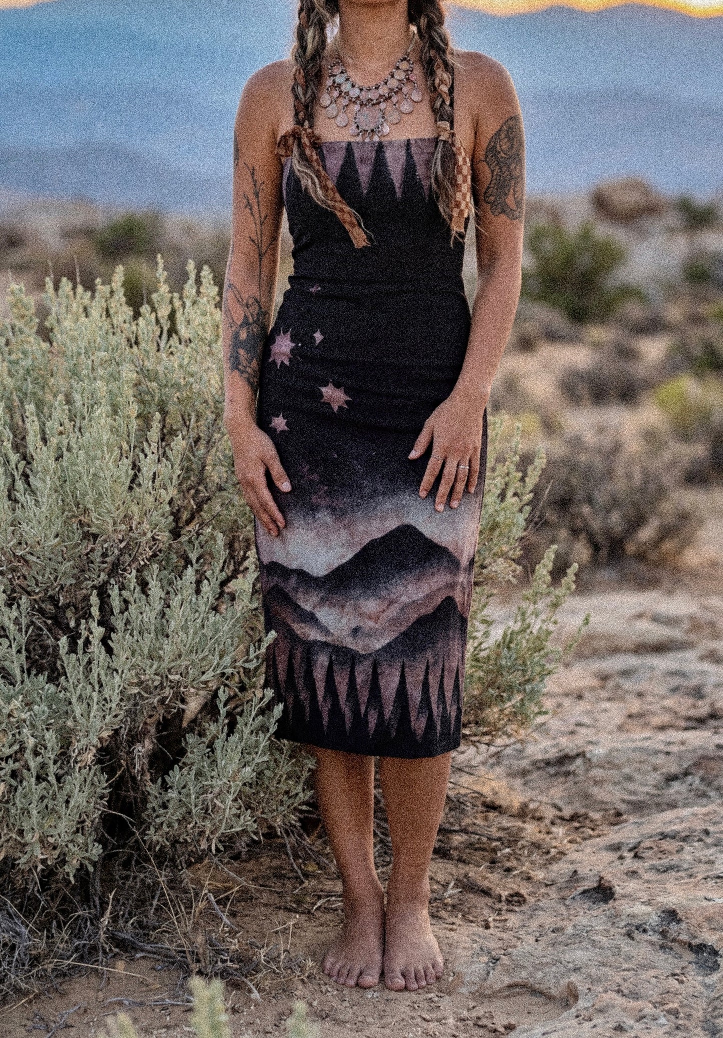 Fits M/L - Black Mysteries of the Mountains Dress-Made From 50% Linen 48%Rayon 2 % Spndx - Tie Back adjustable and Zipper - Stretchy -Uplcycled
