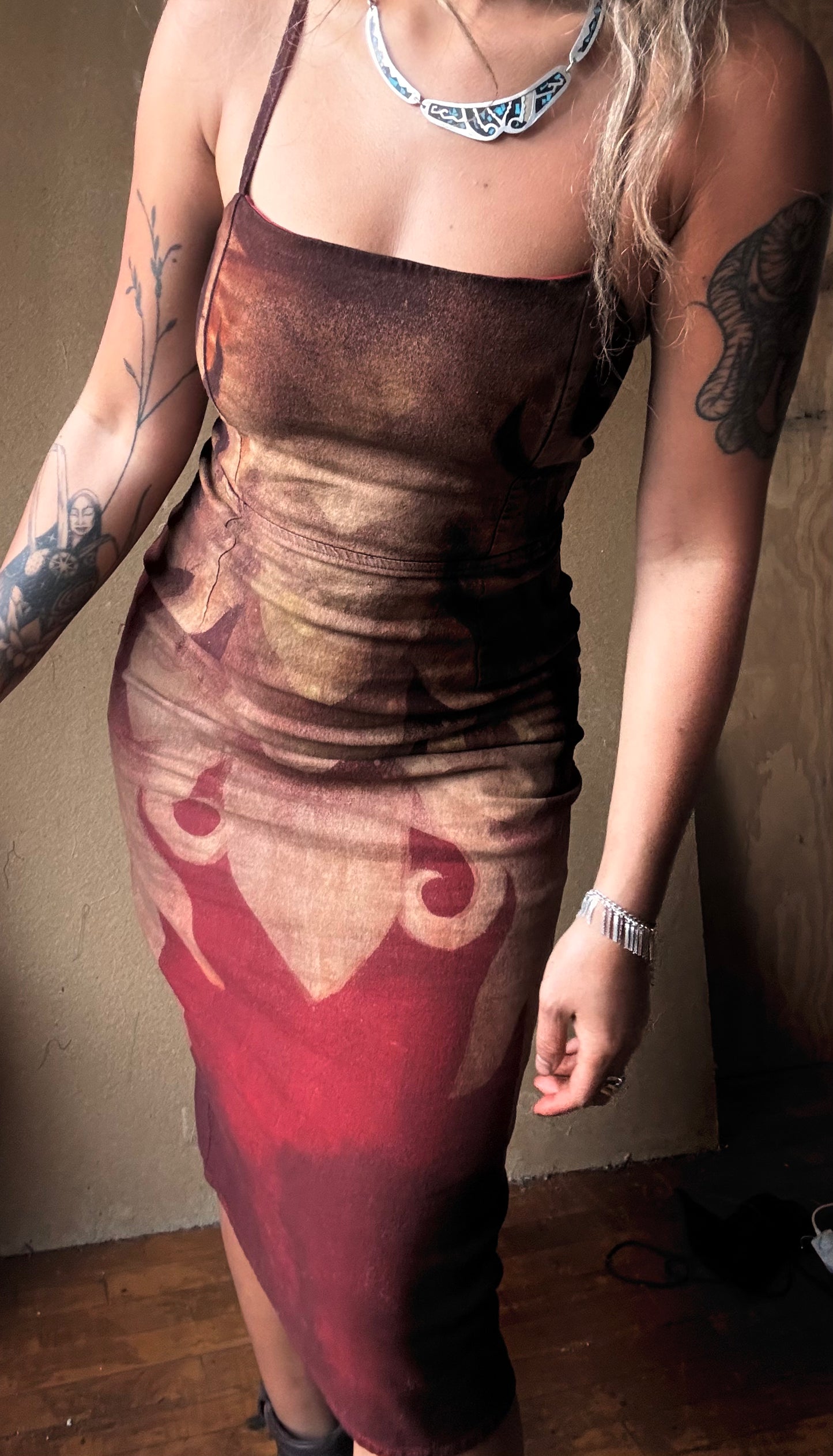 Blood Dragon Dress - Tie Back/Back Zipper/Stretch -50% Linen/48%Rayon/2%Spndx-Upcycled Dress - Regenerazhinh Collection - Limited Design