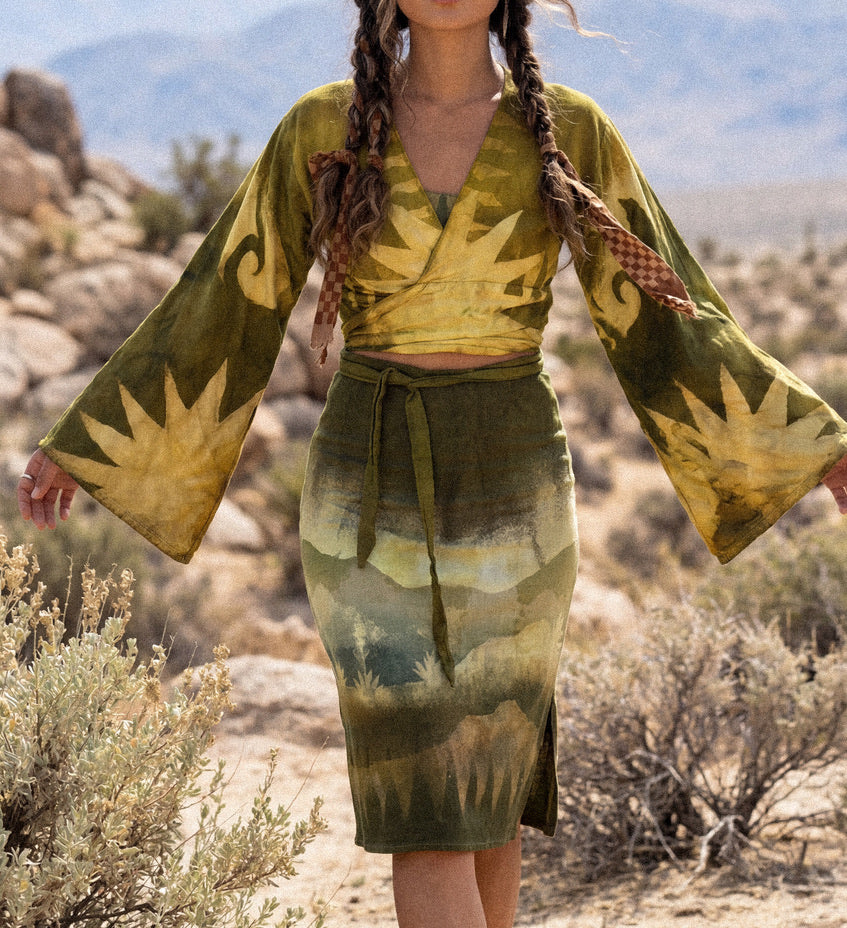 XS/S - Emerald Celestial Burst - Kimono Wrap Top- RTS- Made From Lotus Agricultural waste "Silk"