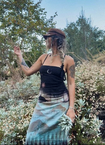 M/L - Midnight Glowing Mountains- Dress - Tie Back & Zipper - 50% Linen  48% Rayon  2% Spndx - Adjustable Straps-Upcycled Regenerazhinh -OOAK - Recommended for Heights 5.6ft and under