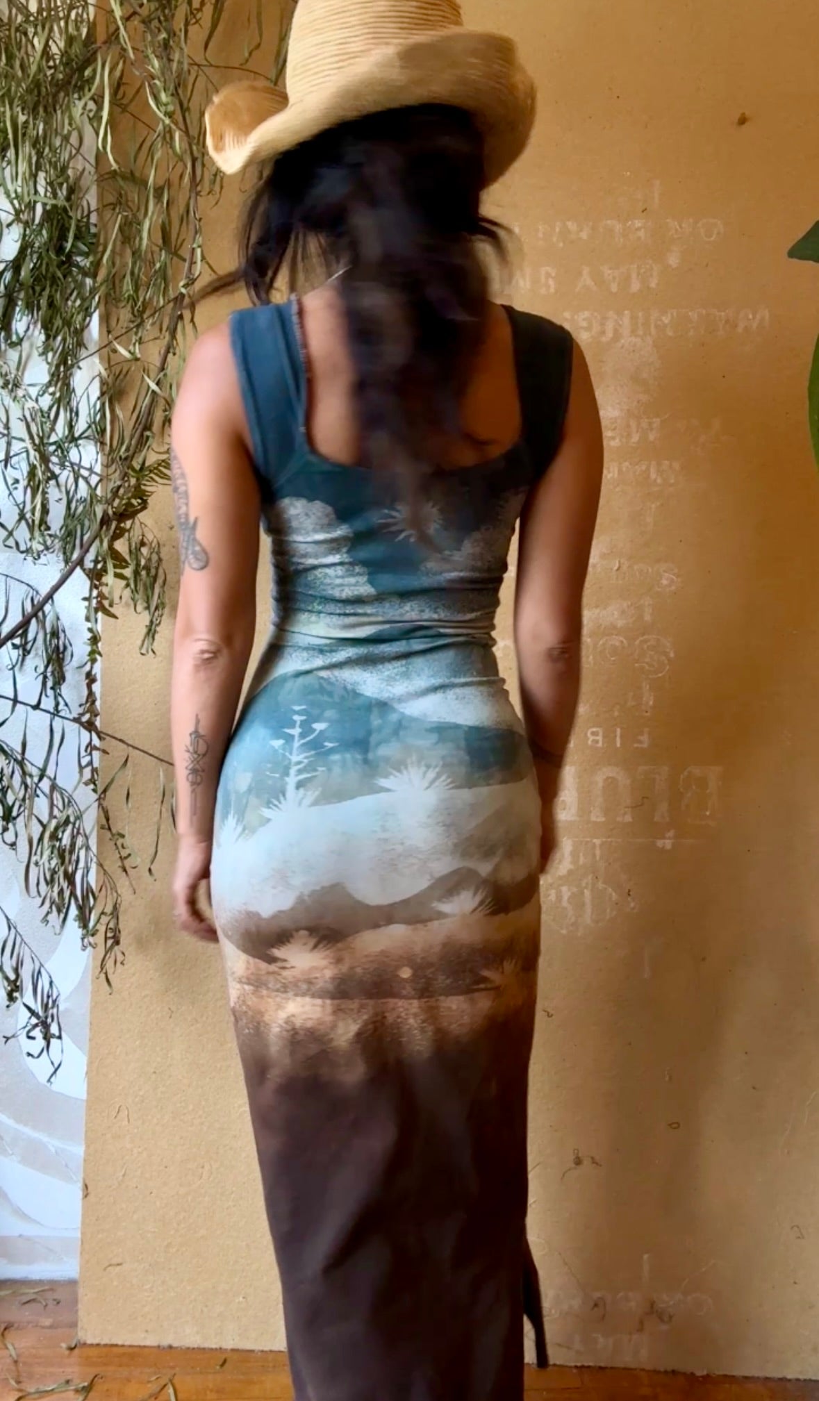 New! Small -Poly Chrome Settings Basket DRESS - An ode to the past- 96%cotton 4% Spandex- Stretchy - hand dyed - stenciled