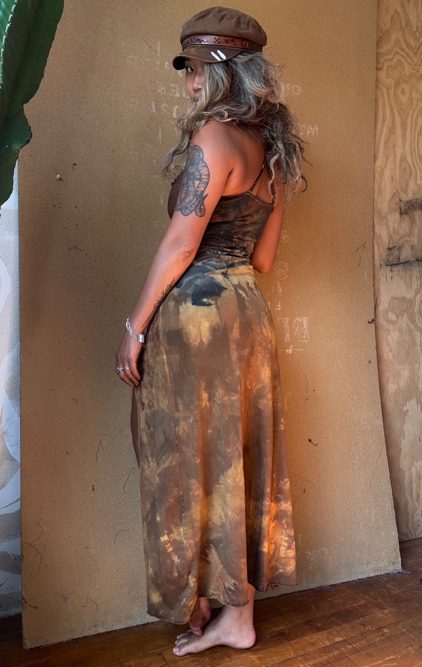Small - OXIDATE Rust Empress Slit Dress- OOAK - Hand dyed/Painted - Bamboo/Cotton/4 % Spndx