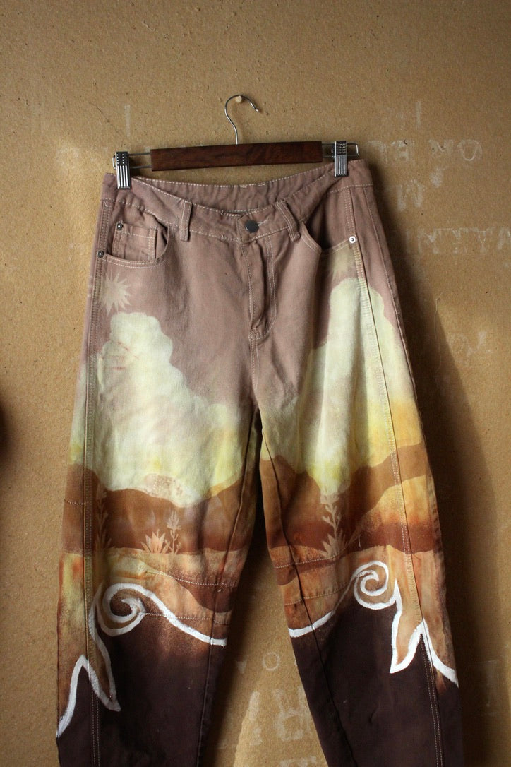 5 Pants- S/M (4/6) - Blush Secrets Landscape -100% cottonv- Temple Swirl - Regenerazhinh Upcycled Pants