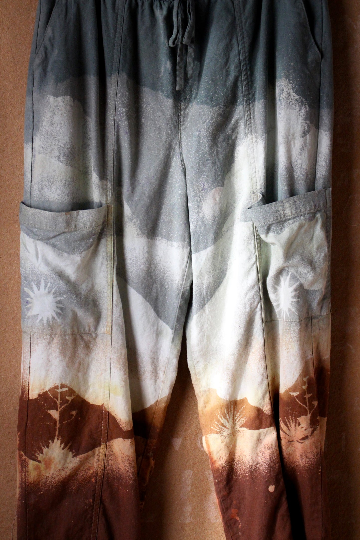 2 Pants OOAK Medium/Large- Landscape - Temple Swirl - 55% linen 45% Rayon Stretch Waist- Regenerazhinh Upcycled Pants (Copy)
