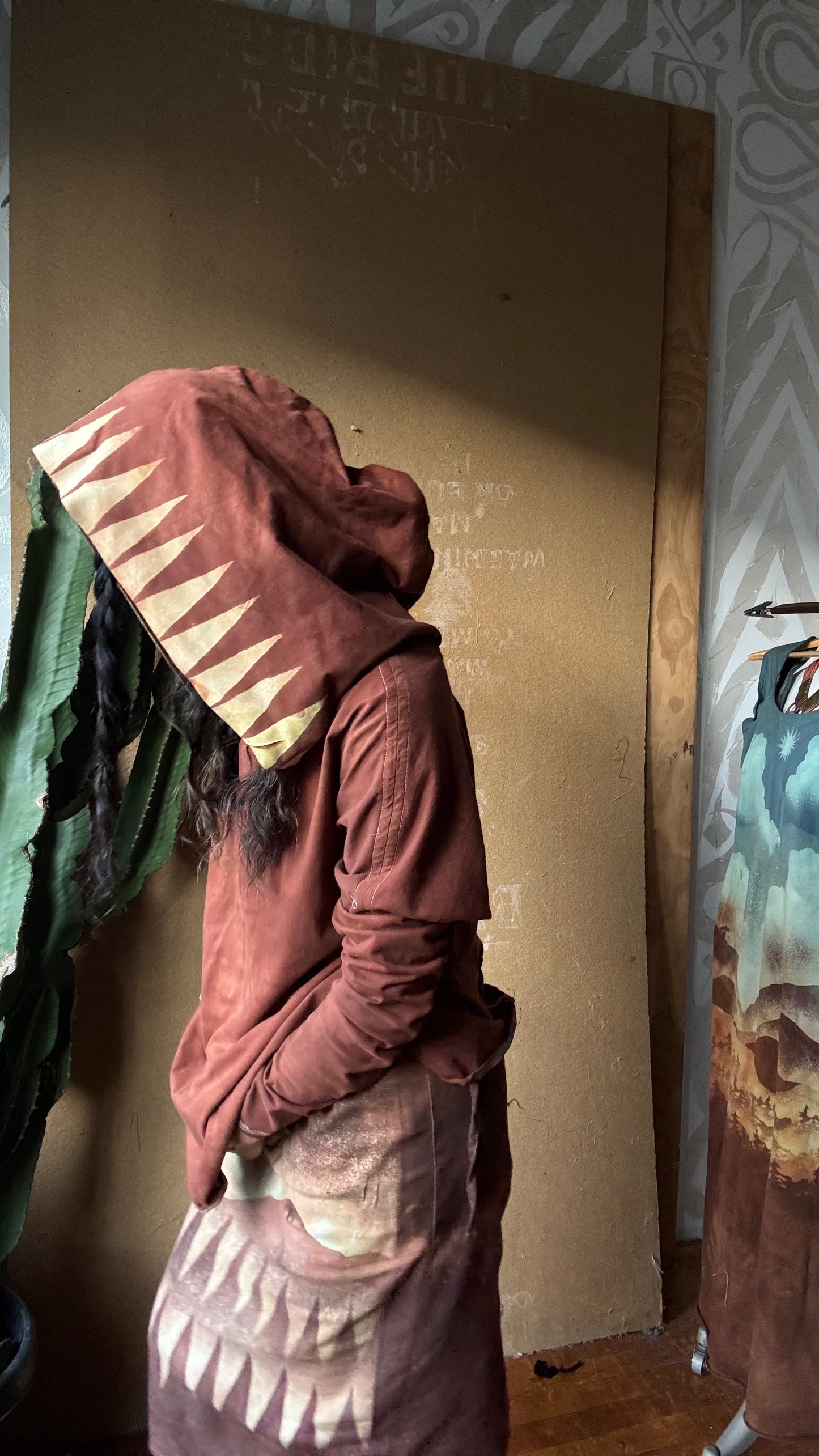 Medium -Terracotta Clay plain solid with Mountain print hood - Slouchy Long sleeve Hoodie  - Oversized Hoodie - 100% Triple layered Cotton heavy weight cotton Gauze - Cotton thermal stretch sleeves