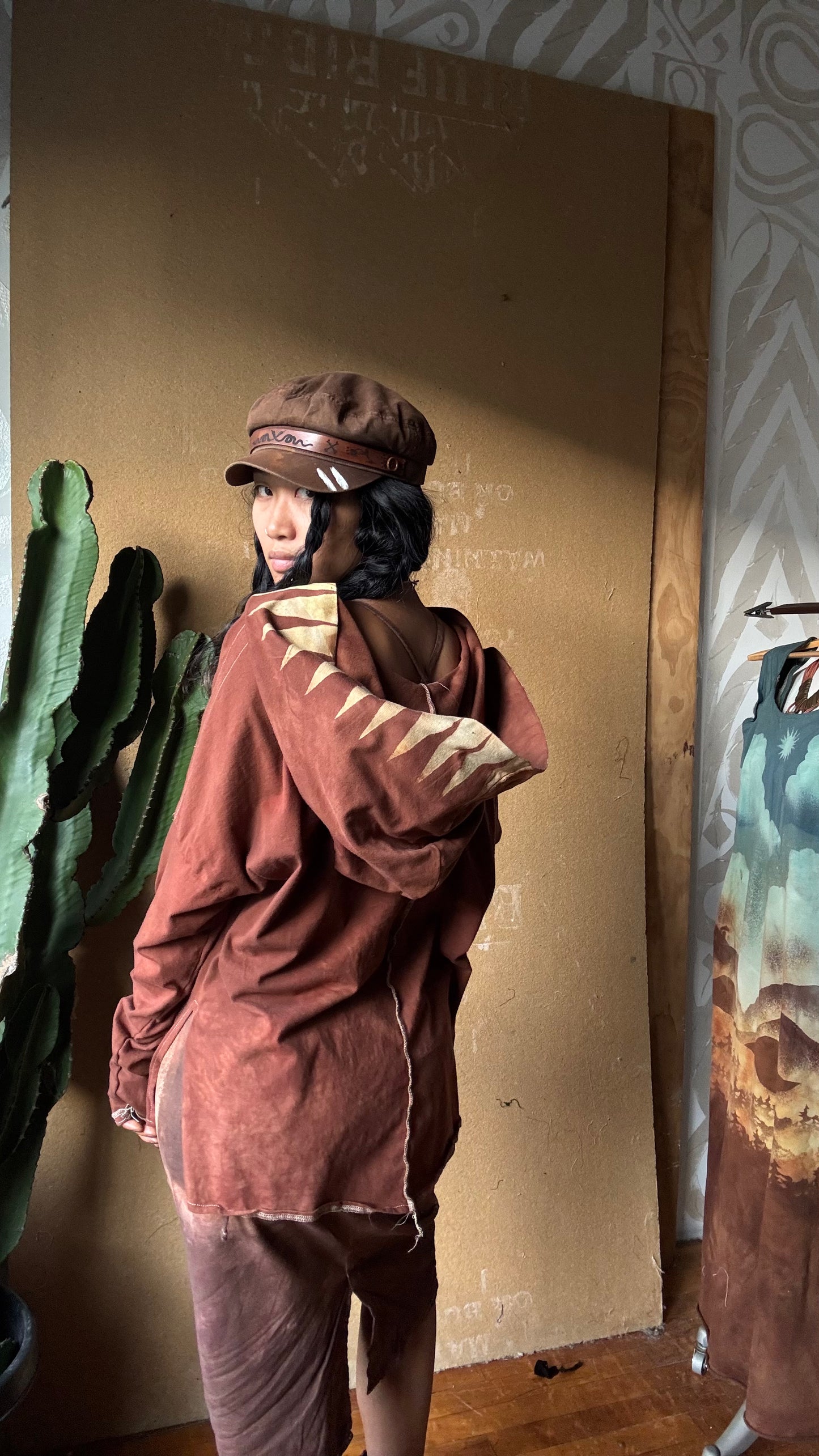 Medium -Terracotta Clay plain solid with Mountain print hood - Slouchy Long sleeve Hoodie  - Oversized Hoodie - 100% Triple layered Cotton heavy weight cotton Gauze - Cotton thermal stretch sleeves