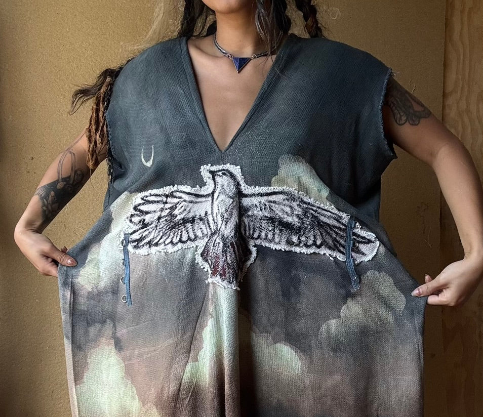 Take Flight Over the Horizon Henka Dress-OOAK-Limited Series- Hand painted -hand dyed-100% deadstock open weave fluid cotton-Regular Size Henka Dress(fits small-Large) Transformable- Tie back