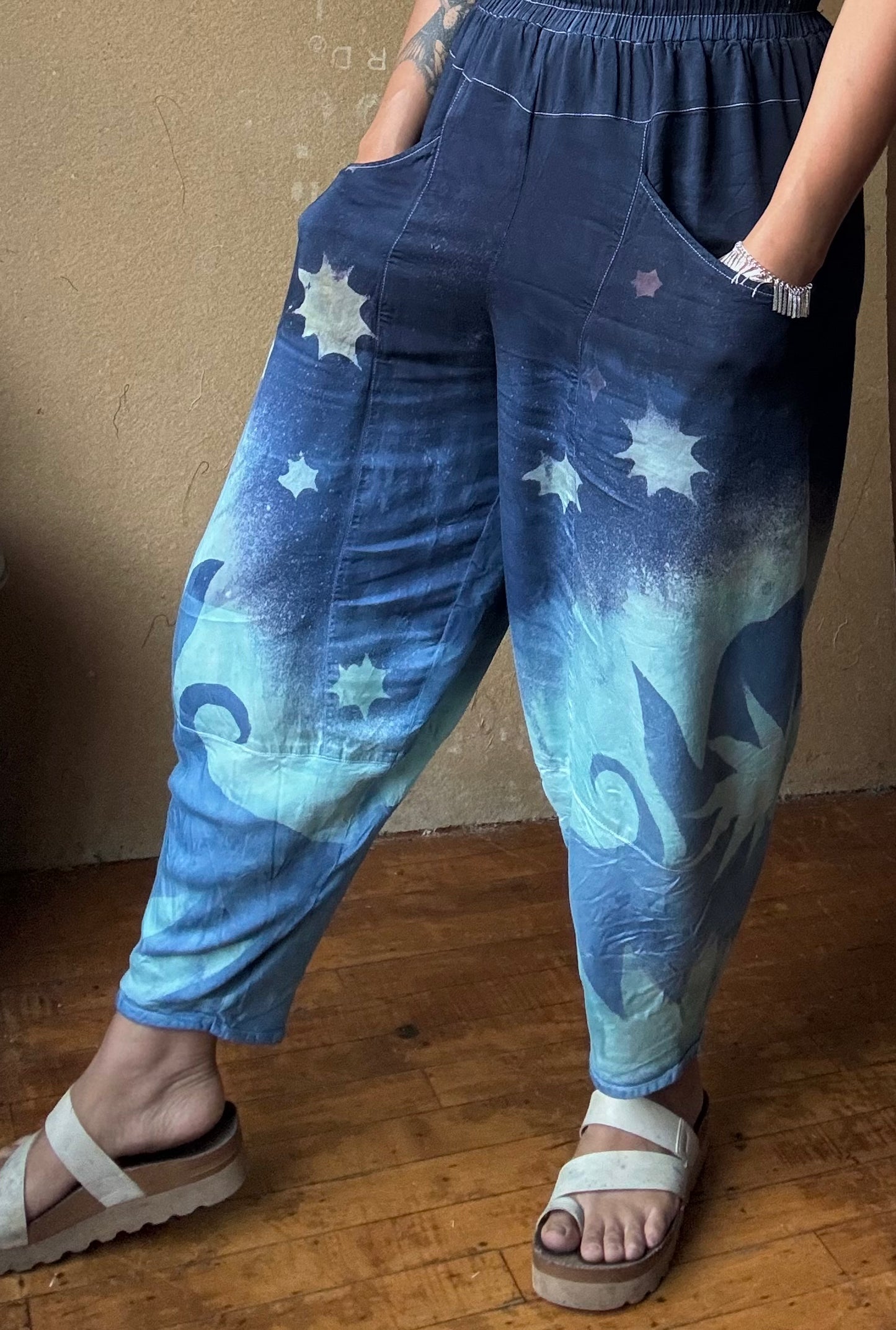 Small - Midnight Swirl Parachute Pants - Soft Milky Lotus Plant waste "Silk" - Short length  (recommended for 5.5ft and shorter) Vegan Silk - Milky Soft