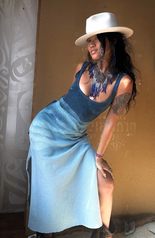 Small - Blue Ridge Mountains Dress - Side slits - Tie Back - Made from 100% Heavy weight knitted cotton - Blue dreams