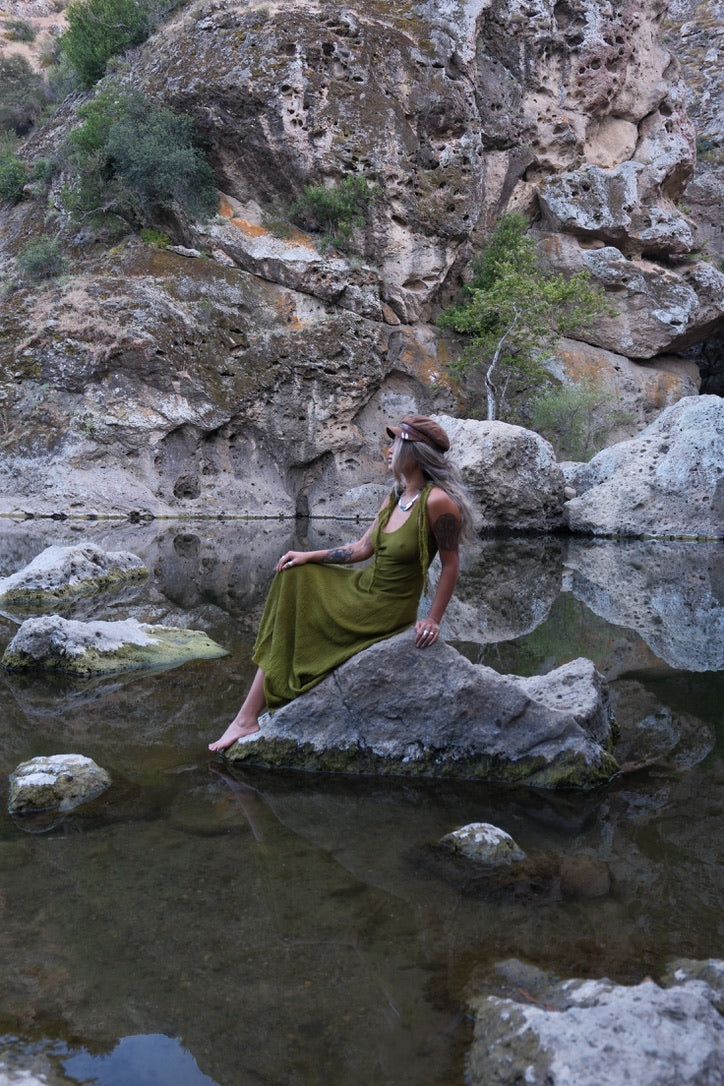 I MOSS YOU Maxi Dress - 100% Cotton - Cut on the Bias- deadstock fabric - textured Gauzey like fabric - Adjustable Long straps -Breathable