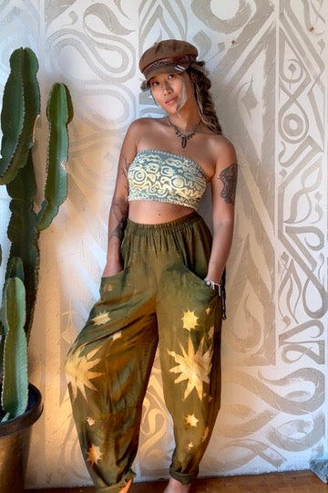 S/M - Olive Green Star Burst - Parachute Pants - Made from Lotus Agricultural Waste Vegan Silk-