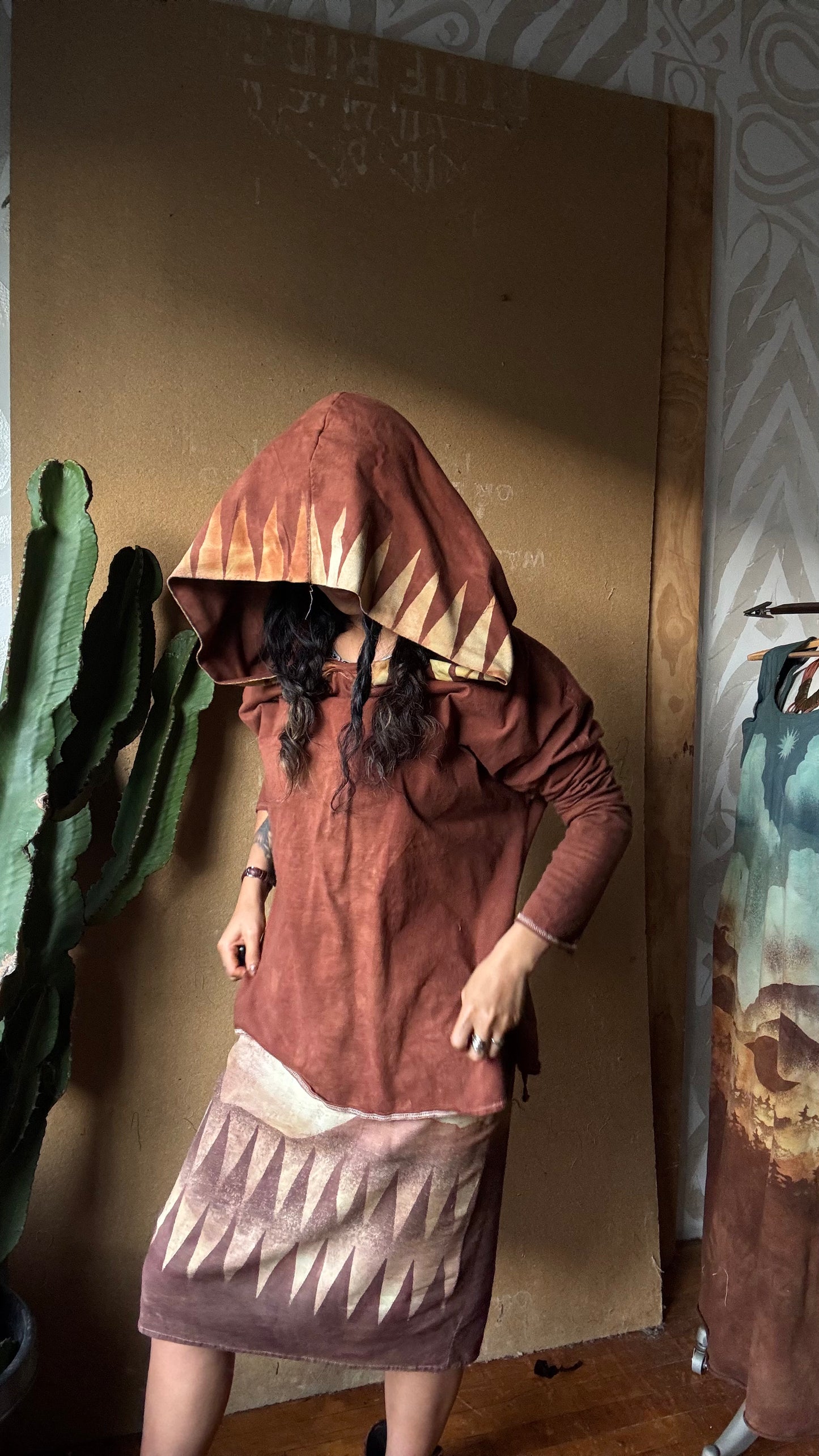 Medium -Terracotta Clay plain solid with Mountain print hood - Slouchy Long sleeve Hoodie  - Oversized Hoodie - 100% Triple layered Cotton heavy weight cotton Gauze - Cotton thermal stretch sleeves