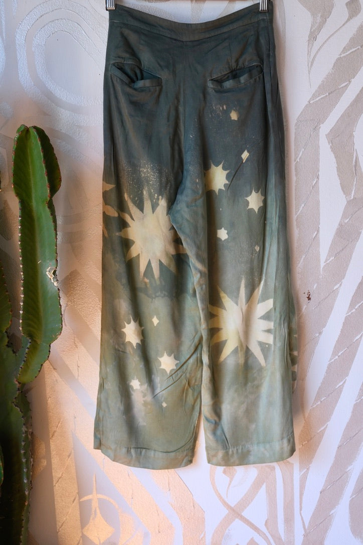XS/S-  Jade Mountain Star Burst - Short length- HIGHWAISTED  ! Origami pants - made from Lotus Agricultural waste vegan "silk"
