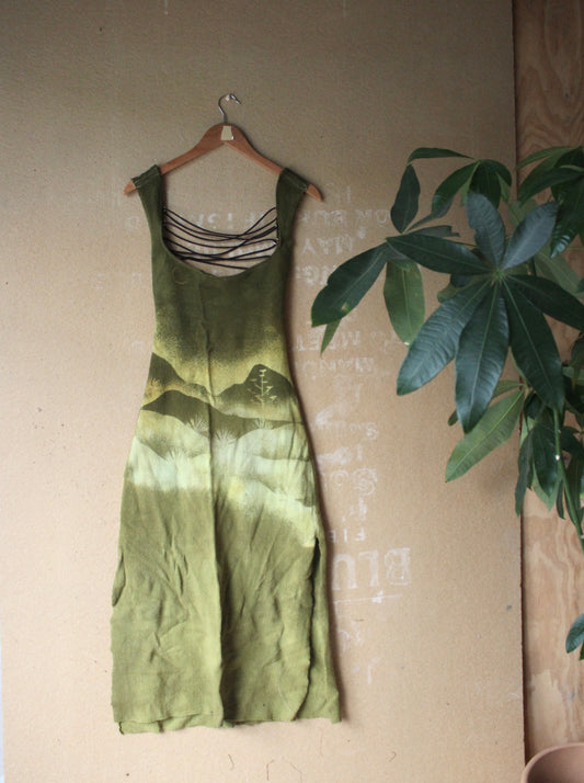 Small- Emerald Mountain scape Dress - 100% thick knitted cotton - Heavy Weight. - hearty - deadstock - tie back
