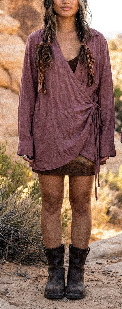 New Color! MTO - Mauve Long Sleeve Wrap Top - Made to Order - 4 weeks- Zhinh Basics- Lotus Agricultural waste vegan "Silk" Fabric